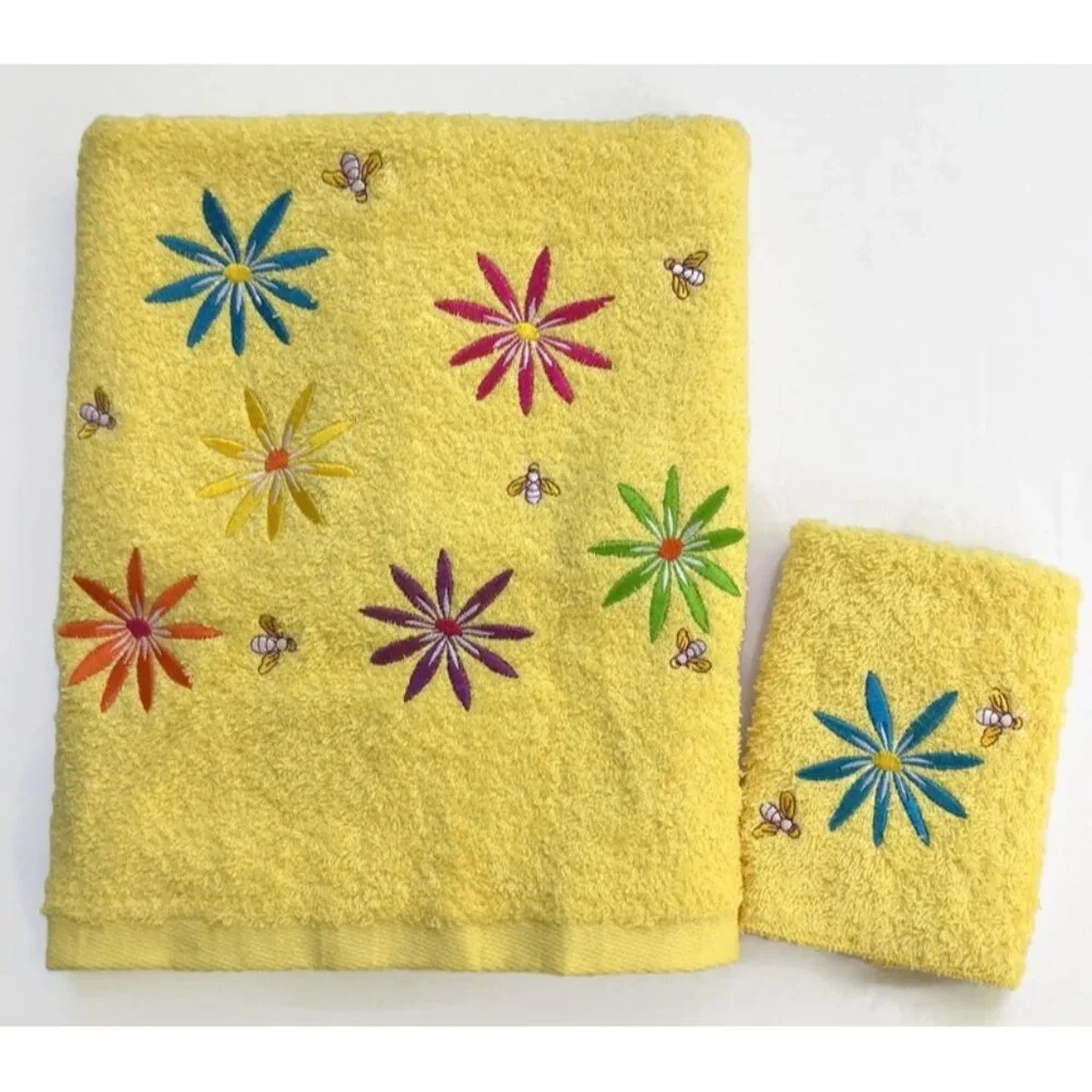 Vintage Honeybee & Flower Embroidered Towel Set 2 Pc Washcloth & Bath Yellow Bee